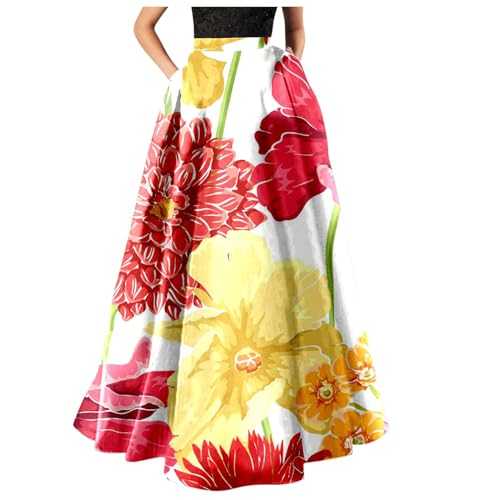 NNGOTD Floral Dresses for Women UK, Women Bohemian Floral Print Maxi Skirt High Waist Pocket Party Beach Long Skirt Cute Beach Dresses for Women Casual Beach Flowy Tshirt Sundress Dresses for Girls