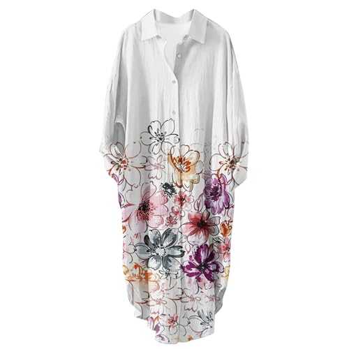 Ladies Lapel Long Sleeve Pockets Floral Art Pattern Print Vintage Long Shirt Casual Dress T Shirt Casual Dresses for Women Sundresses for Women UK Maxi Dress with Sleeve Adult Christmas Dress
