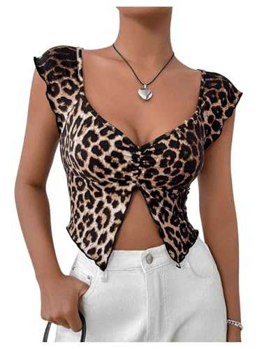 GORGLITTER Women's Leopard Sweetheart Neck Split T Shirts Ruched Cap Sleeve Sexy Skinny Crop Tops