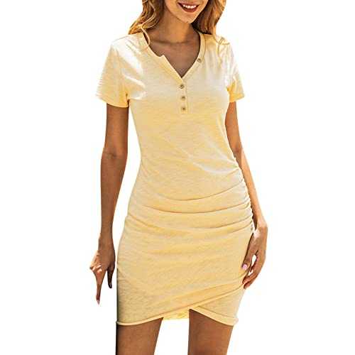 AMDOLE Chiffon Summer Dress Women's Casual Neck Ruched Stretchy T Shirt Short Mini Dress Womens Dresses Summer