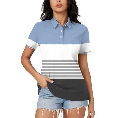 JYJXFD Women's Golf Polo T Shirts Lightweight Moisture Wicking Short Sleeve Shirt Quick Dry 3-Button Color Block/Stripe