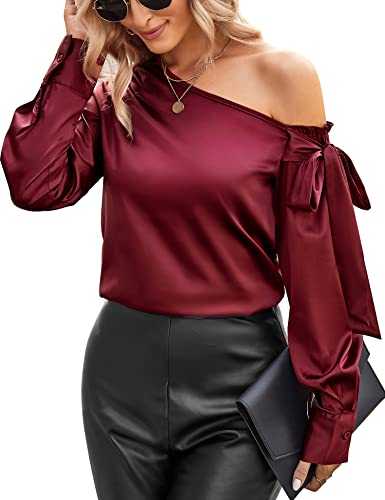 Funspread Womens Casual Off Shoulder Tops Silk Satin Shirt Long Sleeve Blouses Tunic Tops