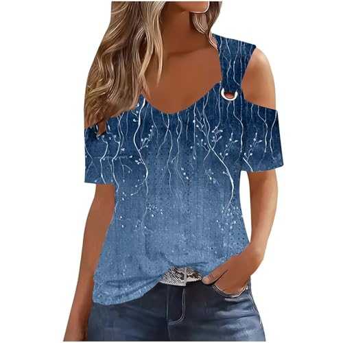 TURWXGSO Ladies Tops UK Size 8-22 Cold Shoulder Short Sleeve Tops for Women Eyelet Tees Baggy Tshirts Dressy Casual Basic Shirts Going Out Summer Pullover Trendy Streetwear Sale