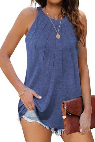 iChunhua Women's Summer Halter Neck Vest Tops Pleated Sleeveless Tank Flowy Button Cami T-Shirts