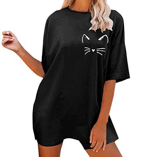 Oversized T Shirts for Women Plus Size Cut Cat Print Drop Shoulder Short Sleeve Summer Tee Tops Shirt Crew Neck Oversized Loose Comfort Casual Daily Shirt Women Graphic Long Shirt Tunic Tops