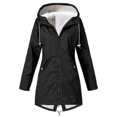 Zeiayuas Waterproof Jacket Women's Fleece Outdoor Rain Coats Zip Windproof Long Jackets Hooded Plus Size Rainoat Ladies Fur Lined Winter Warm Coat Windbreaker with Pockets Plus Size S-5XL