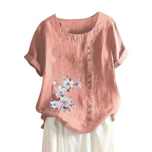 Women's Cotton and Linen Blouses Round Neck Floral Print T-Shirt Loose Fit Casual Sweatshirts Short Sleeve Button Up Tunic Tops Solid Colour Ladies Pullover Summer Beach Shirts Plus Size