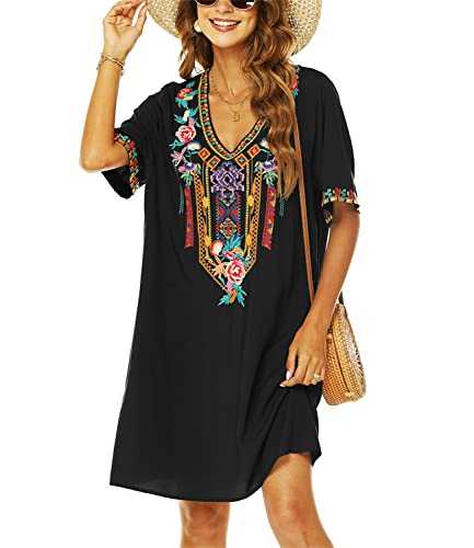 AK Women's Summer Boho Mexican Peasant Dress Short Sleeve Floral Embroidered Flowy Dresses Loose Hippie Bohemian Tunic