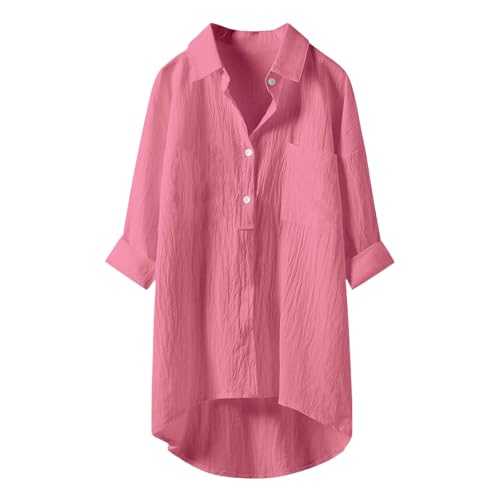 Button Down Shirts for Women UK Lightweight Linen Cotton Blouse with Pocket Casual Loose Fit Long Sleeve Tunic Tops Oversized Solid Color Tee Shirt Jacket for Daily Vacation Office