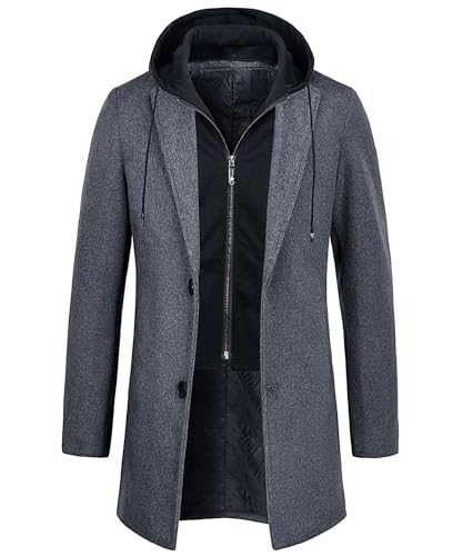 KTWOLEN Mens Wool Coat Trench Coat Long Business Woolen Jacket Casual Quilted Jacket Winter Warm Hooded Overcoat