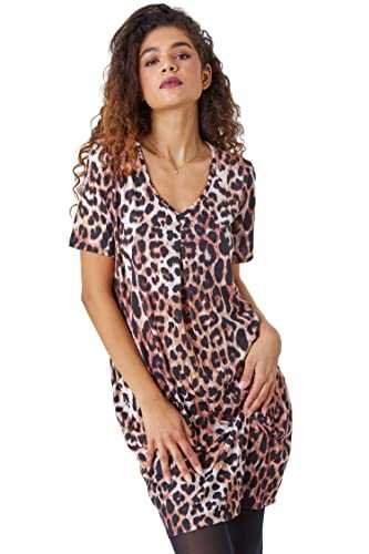 Roman Originals Animal Print Dress with Pockets for Women UK Ladies Leopard Print Tunic Shift Jersey Stretchy Slouch Smart Loose Cocoon Oversized Fit Casual V Neck Pull On
