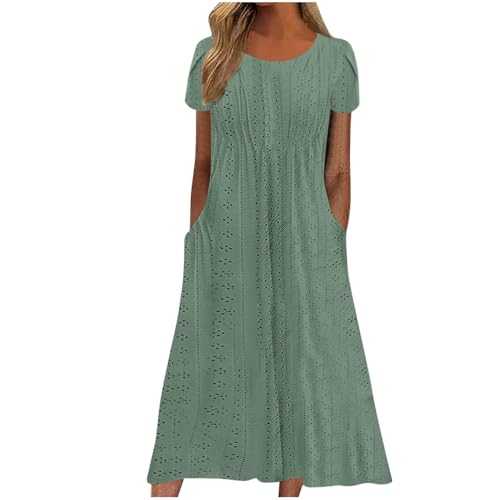 Summer Dresses for Women UK Clearance Hollow Out Maxi Dress A Linen Tunic Dress T Shirt Dress with Pockets Crewneck Petal Sleeve Tops Trendy Dress Plain Holiday Beach Casual Loose Party Dress