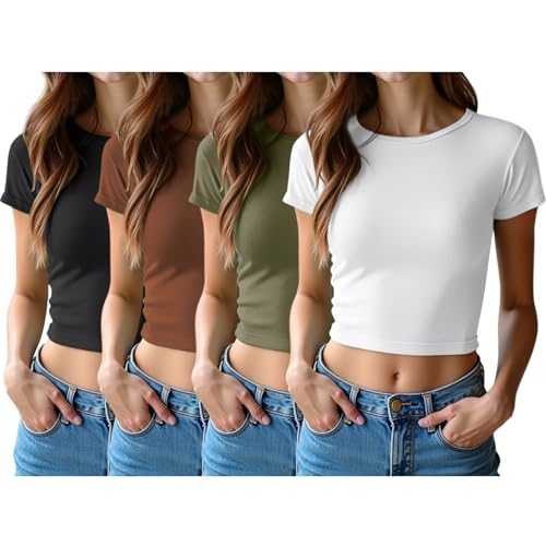 4 Pack Women’s Short Sleeve Tops Cotton Basic Crew Neck Crop Top Cute Trendy Casual Workout T Shirts