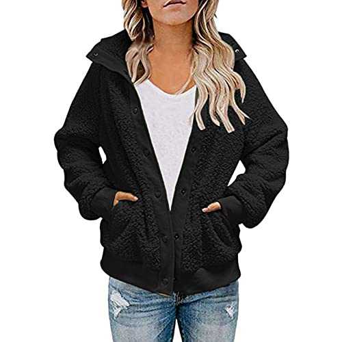 Women Coat Jacket Plus Size Chunky Faux Lambswool Fleece Lined Snap-Button Sherpa Furry Pockets Loose Warm Outerwear