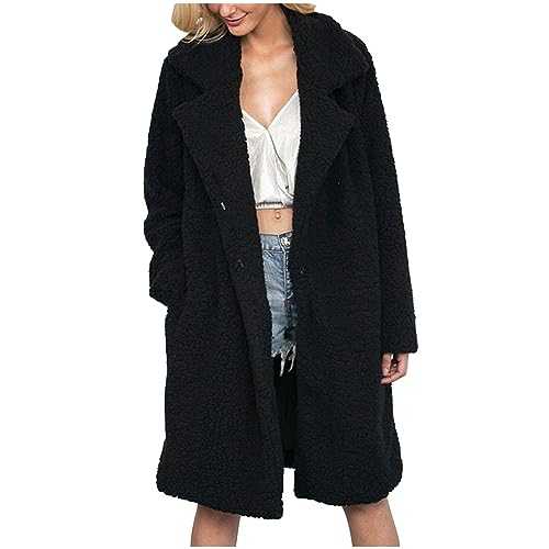 Faux Fur Coats Womens UK Casual Loose Long Sleeve Coat Winter Warm Overcoats Teddy Bear Coats Plus Size Solid Outdoor Cardigan Coats Outerwear Sale Clearance Lightweight Jacket Ladies Long Coat
