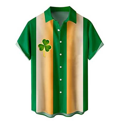 NQyIOS Mens St.Patrick's Day Shirt Short Sleeve Clover Printed Hawaiian Bowling Shirts Casual Saint Paddy's Day Button Down Beach Shirt Lucky Irish Shamrock Vacation Shirts Summer Party Aloha Tops