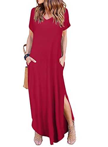 Women's Short Sleeve V Neck Pocket Casual Side Split Beach Long Maxi Dress