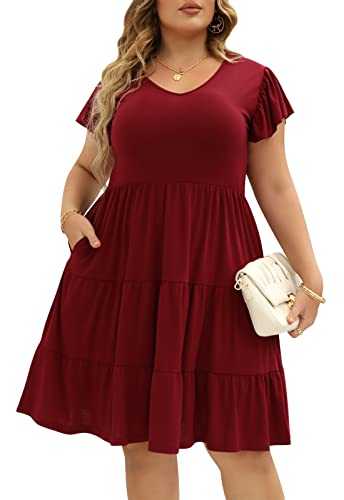 Celkuser Womens Plus Size Ruffle Sleeve Tiered Casual Summer Loose Swing Midi Dress with Pockets