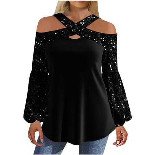 Womens Cold-Shoulder Sequin Blouse Sale, Long Sleeve Tops for Women Off Shoulder Shirts Blouses Lantern Long Sleeve Glitter Tops Casual Solid Sparkle Shimmer Tees Shirt Going Out Party Sweatshirts