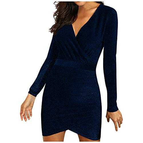 Skang Dresses for Women UK Plus Size Color Long Dress Women Sleeve V-Neck Sequins Party Dresses Fashion Women's Dress Form Fitting Dress