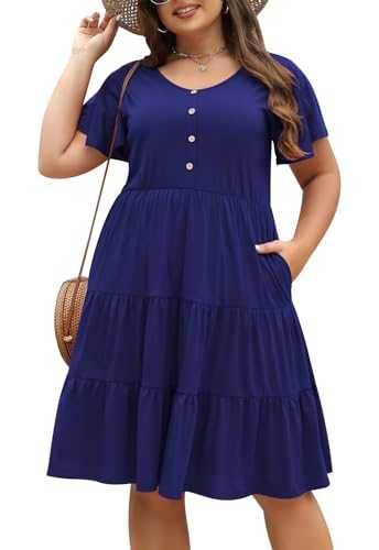 Nemidor Womens Loose Plus Size Short Sleeve Button Tiered Swing Dress with Pocket NEM406