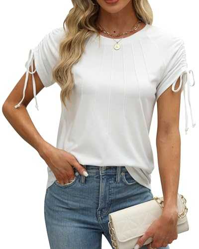BellaDila Womens Summer Casual Short Sleeve Tops Crew Neck Pleated T Shirts Blouses Drawstring Cap Sleeve Tee Tunic 2025