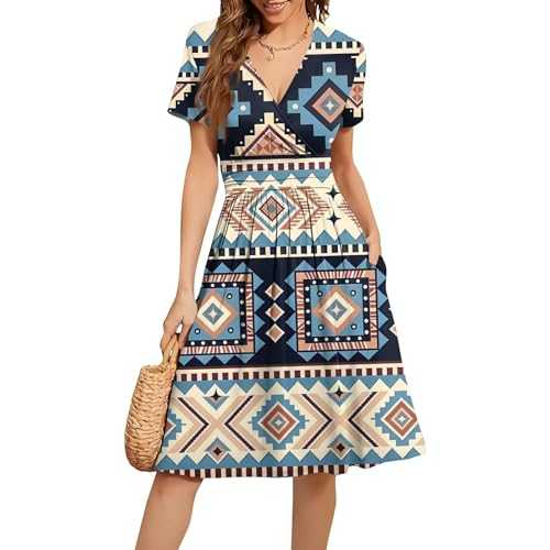 Womens Summer Wrap Dress Ladies Casual Loose Comfortable Short Sleeve V-Neck Floral Beach Dresses with Pockets