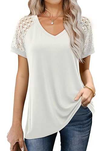Amoretu Womens Tops Summer V Neck Shirts Dressy Lace Short Sleeve Blouse Loose Plain T Shirt