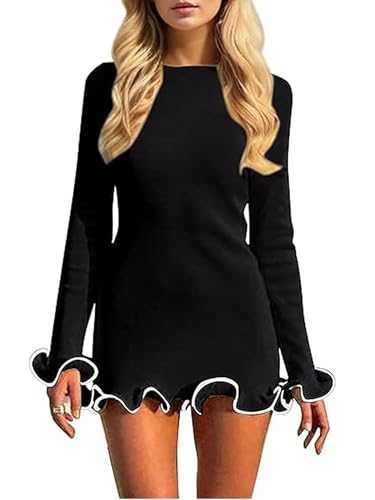 LSFYSZD Women Long Sleeve Knit Sweater Mini Dress Ruffle Hem Bodycon Jumper Dress Fall Winter Casual Ribbed Slim Fit Party Dress