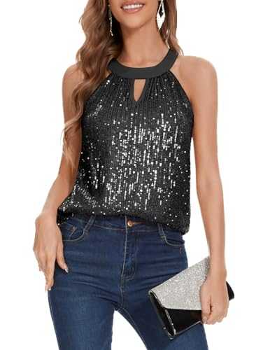 DRESSTELLS Ladies Tops Sequins Vest Top Sleeveless Night Out Summer Tank Top