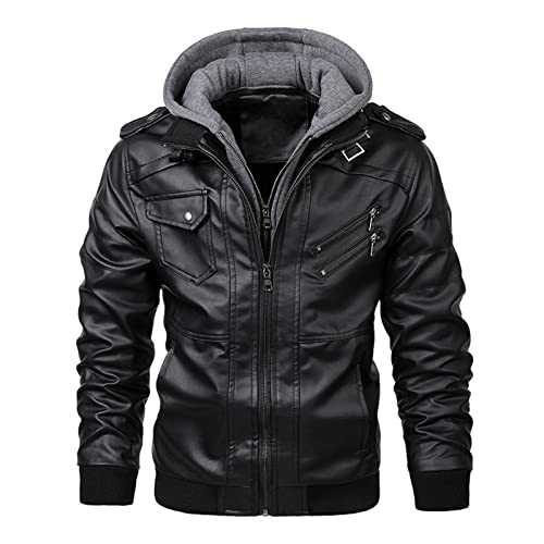 Hebezn Men's Aviator Real Leather Jacket Coat With A Removable Hood Winter Warm Casual Motorcycle Bomber Coat