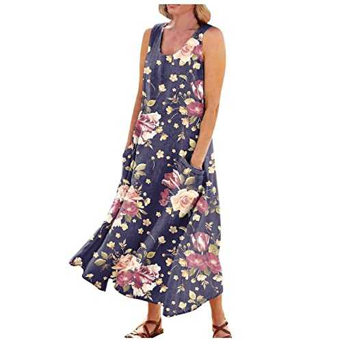 Petite Summer Dresses Soft Homewear Sleeveless Dress Summer Casual Plus Size Baggy Crew Neck with Pockets Printed Sundress