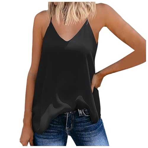 Vest Tops Women UK, Silk Satin Tank Tops for Womens V Neck Sleeveless Summer Ladies Vests Long Cami Camisole Basic Tops Shirt Casual Loose Underwear Blouses Tank Shirt