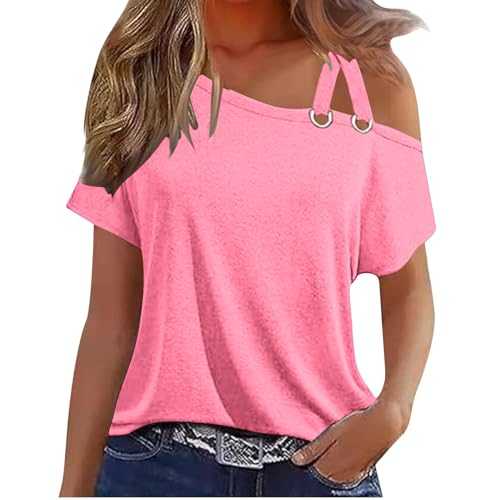 Cold Shoulder Tops for Women UK Elegant Solid Strappy Top Summer Off The Shoulder T-Shirt Short Sleeve Tee Shirts Loose Tank Top Party Blouse Shirt Boho Going Out Blouse Tunic UK Clearance