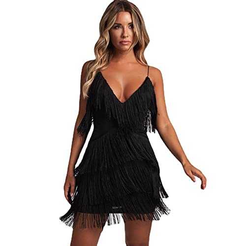 MOFLORA Women Sexy Deep V-Neck Backless Patchwork Bodycon Dress Summer Fringe Tassel Club Party Prom Mini Strap Dress