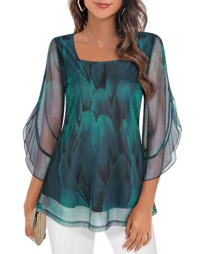 Flikity Womens Blouses Flared 3/4 Sleeve Mesh Ladies Tops Square Neck Chiffon Double Layers Tunic Tops Loose Flowy Shirts M-3XL