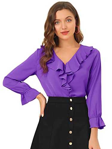 Allegra K Women's Ruffle V Neck Chiffon Blouse Bracelet Sleeve Vintage Peasant Top