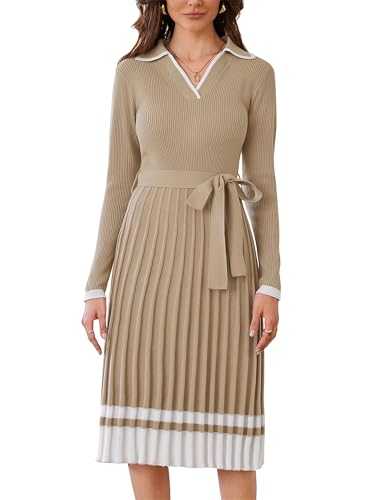 CURLBIUTY Women's Jumper Dress Winter Sweater Dress Casual A-Line Pleated Midi Dress with Belt Ladies Knitted Elegant Pullover Dress