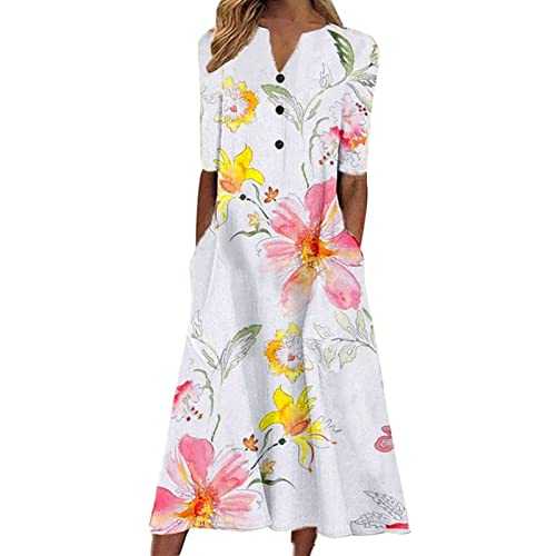 Boho Dresses for Women UK Sale Clearance Italian Short Sleeve Button V Neck Dresses with Pocket Floral Casual Sundress Swing Midi Dress Loose Pullover Dress Lounge Dress Beach Holiday Dress