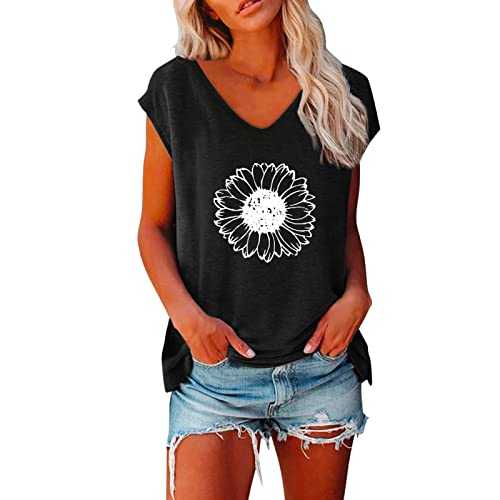 Qixiu Women Tops,Womens Tshirt,Tops for Women Suitable Cap Sleeve Summer Tops Trendy Tank Tops Floral Print Lace V Neck Loose Fit Shirts Work Shirt Women,Womens Tshirt
