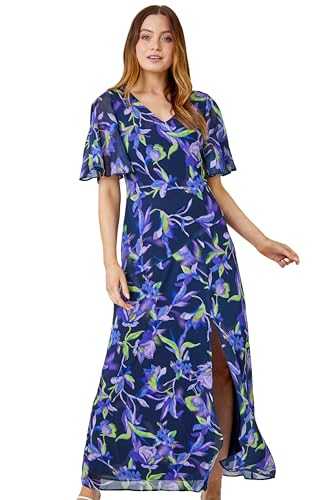 Roman Originals Floral Print Tie Back Maxi Dress for Women UK - Ladies Everyday Holiday Spring Summer V Neckline Comfy Soft Evening Vacation Work Party