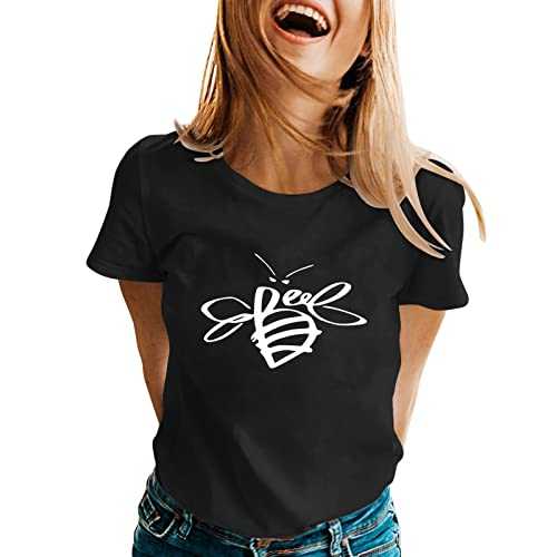 Women's Summer T-Shirts Bee Printed Short Sleeve Tshirt Round Neck Cotton Soft Tee Top Ladies Solid Lightweight Comfortable Tunic Tops Women's Blouses & Shirts World Bee Day T Shirts Women