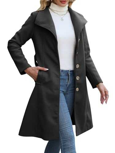 Wool Coats for Women Winter Long Pea Coats Stand Collar Single Breasted Trench Coat with Belt