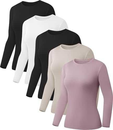 Kinglaman 5 Pack Womens Basic Long Sleeve Shirts Crew Neck Slim-Fit Fitted T Shirts Tops Undershirts Underscrub Baselayer