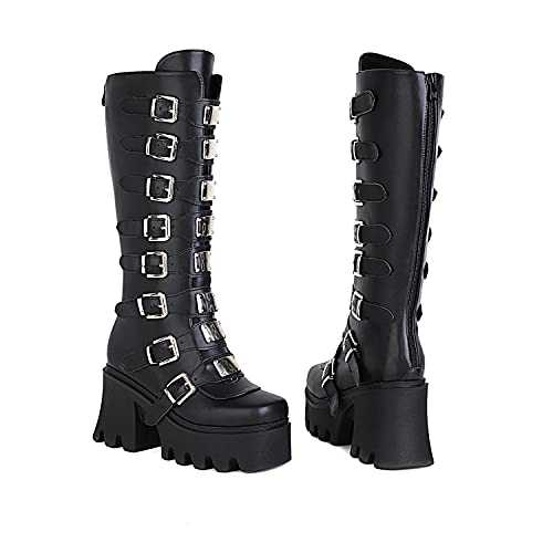 JIFAENY Ladies Punk Goth Platform Boots Gothic Wedge Chunky Ins Motorcycle Mid -Calf Combat Knee High Zipper Boots
