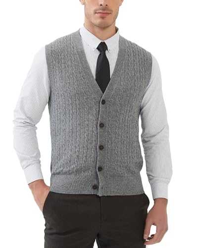 Kallspin Men's Wool Blend Gilets Sweater Relax Fit V Neck Cable Knit Sleeveless Knitted Button Cardigan