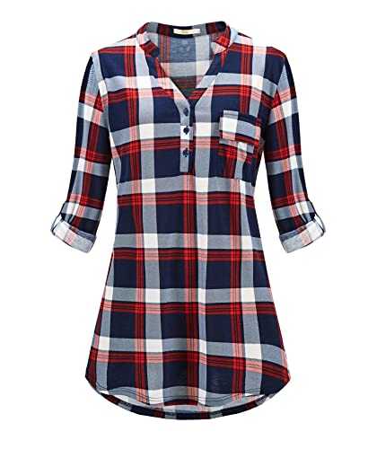 Style Slice Tunic Tops for Women UK，Checked Ladies Tops V-Neck，Plaid Blouses for Women UK