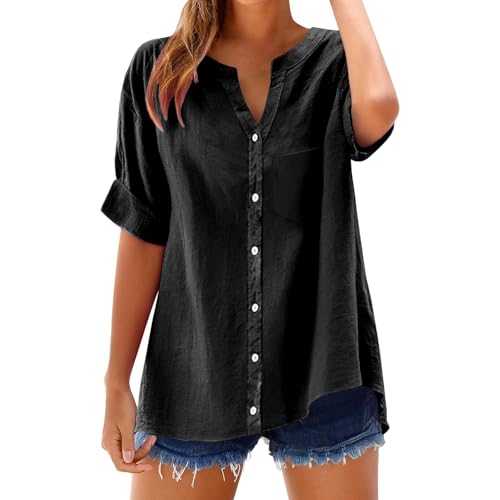 Nuaoxyeu Women Tops V Neck Stand Collar Short Sleeve Shirts Casual Lightweight Linen Blouse Plus Size Tunic Tops Casual Loose Fit Going Out Clothes for Ladies Summer Tees