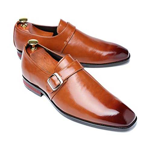 ETZRYSYB Mens Leather Shoes Handmade Men Genuine Leather Dress Shoes Design Brown Red Color Mens Hand-Polished Square Toe Wedding Shoes