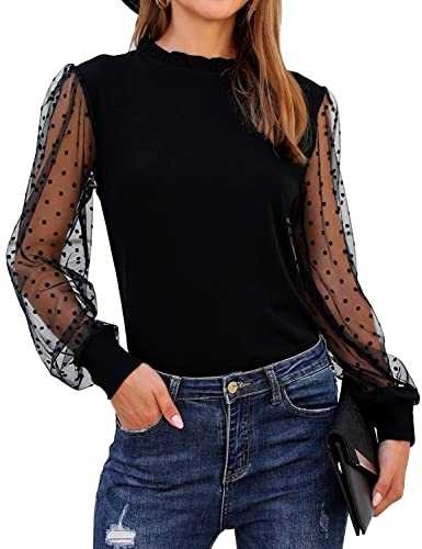 Blooming Jelly Womens Mock Neck Tops Mesh Long Sleeve Shirts Polka Dot Ruffle Elegant Blouse